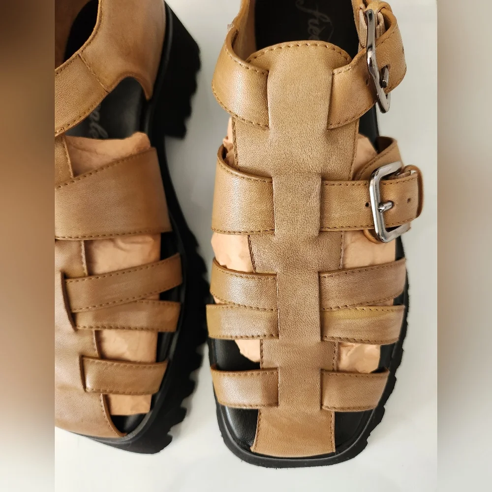 Free People Tan Woven Leather Platform Sandals - Picture 2 of 10